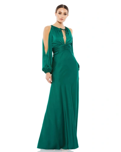 Shop Ieena For Mac Duggal Tied Keyhole Cold Shoulder Bishop Sleeve Gown In Green