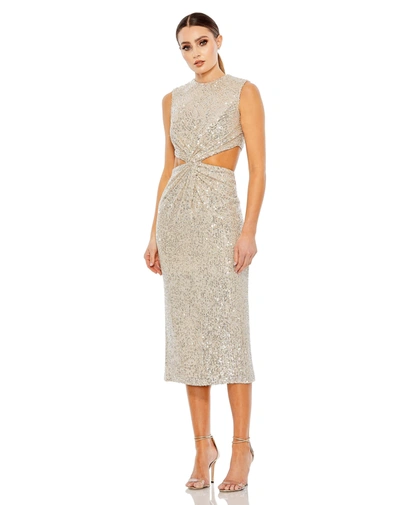 Shop Mac Duggal Sequin Front Twist Cut Out Column Dress In Beige