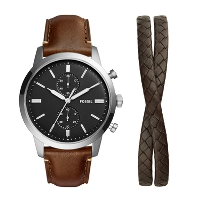 Shop Fossil Men's Townsman Chronograph, Stainless Steel Watch And Bracelet Set In Brown
