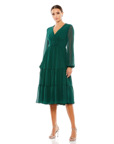 Shop Mac Duggal Ruched V-neck Tiered Midi Dress In Green