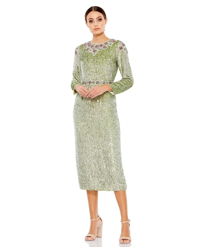 Shop Mac Duggal Floral Beaded Tea-length Dress In Green