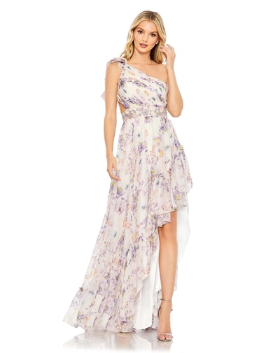 Shop Mac Duggal One Shoulder Asymmetrical High Low Gown In Multi