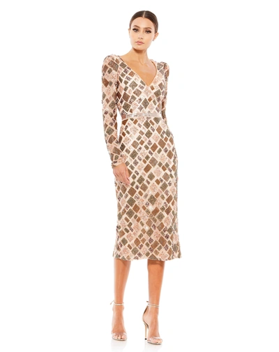 Shop Mac Duggal Geo Embellished Midi Sheath Dress In Beige
