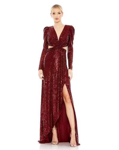 Shop Mac Duggal Sequined Criss Cross Long Sleeve Gown In Red