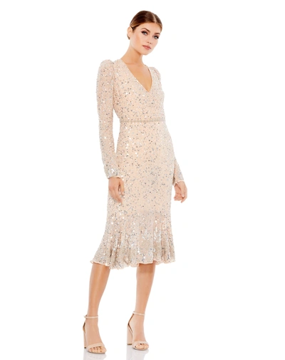 Shop Mac Duggal Sequin Gown With Embellished Hemlin And Belt In Beige