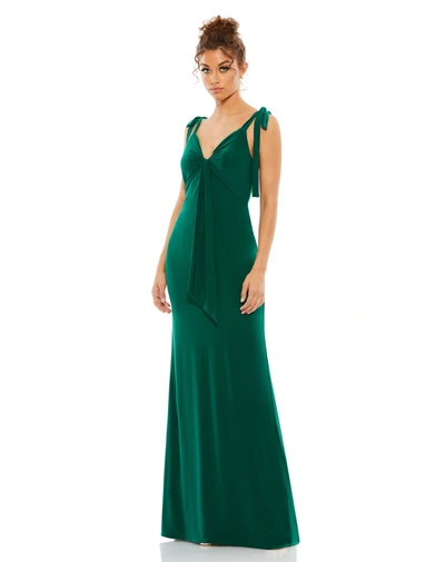 Shop Mac Duggal Jersey Low Back Bow Shoulder Gown In Green