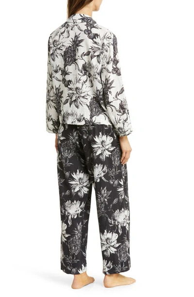 Shop Desmond & Dempsey Long Sleeve Linen Pajamas In Night Bloom White/ Black & Bla