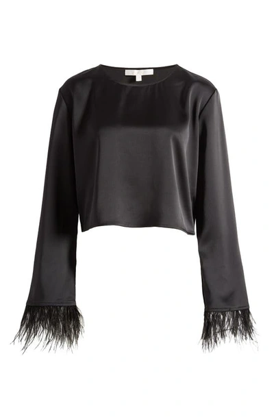 Shop Wayf Merci Feather Cuff Satin Top In Black