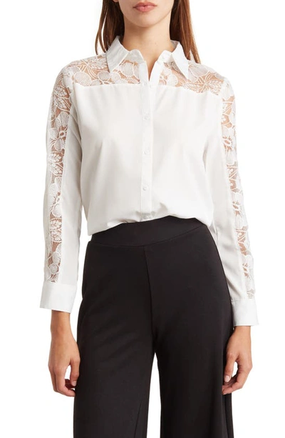 Shop Forgotten Grace Lace Inset Polished Button-up Shirt In White