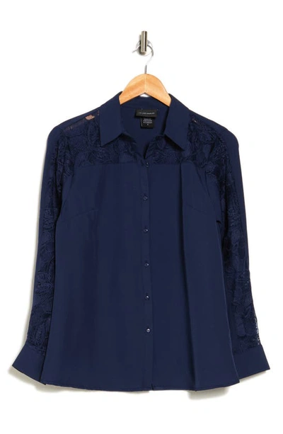 Shop Forgotten Grace Lace Inset Polished Button-up Shirt In Navy