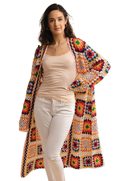 Shop Saachi Granny Square Crochet Longline Cardigan In Ivory