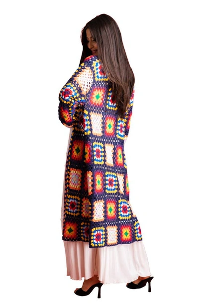 Saachi Granny Square Crochet Longline Cardigan In Navy