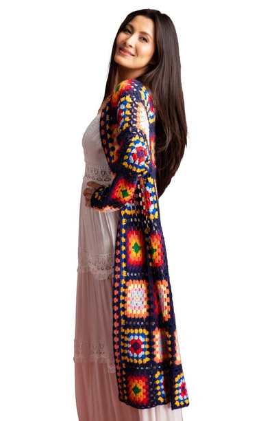 Saachi Granny Square Crochet Longline Cardigan In Navy