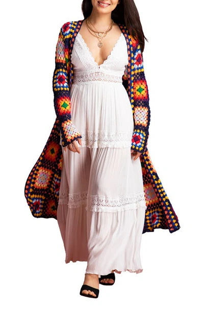 Saachi Granny Square Crochet Longline Cardigan In Navy
