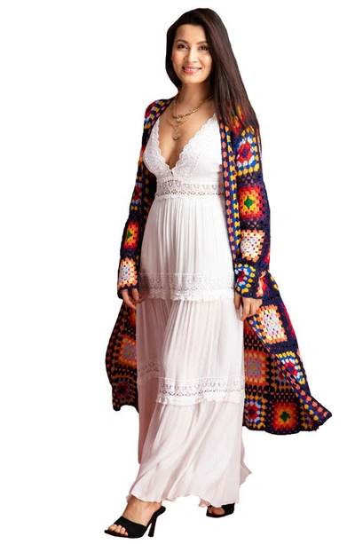 Saachi Granny Square Crochet Longline Cardigan In Navy