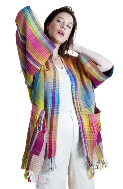 Saachi Rainbow Plaid Wool & Cotton Cardigan In Yellow Multi
