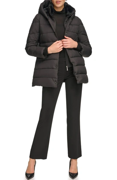 Shop Calvin Klein Faux Fur Lined Hooded Bib Puffer Jacket In Black