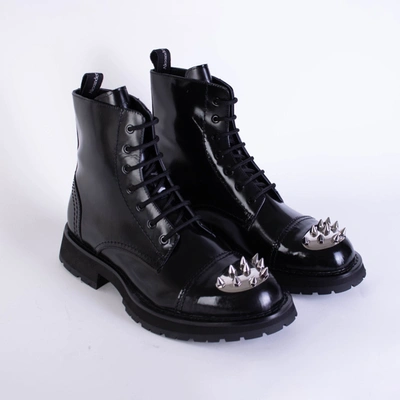 Shop Alexander Mcqueen Black Leather Studded Combat Men's Boots