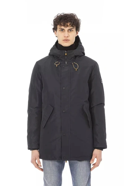 Shop Baldinini Trend Elegant Blue Long Jacket With Monogram Men's Detail