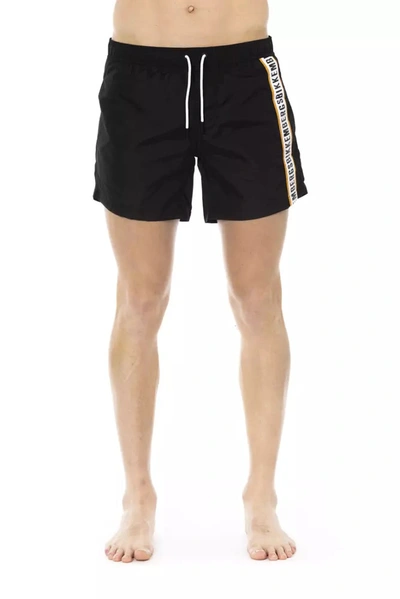 Shop Bikkembergs Sleek Black Swim Shorts With Sporty Tape Men's Detail