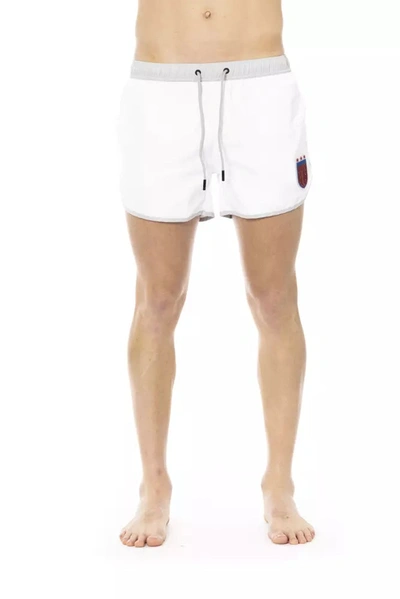 Shop Bikkembergs Elegant White Swim Shorts With Unique Front Men's Print