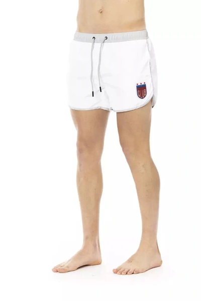 Shop Bikkembergs Elegant White Swim Shorts With Unique Front Men's Print