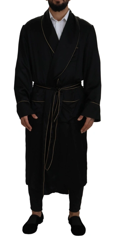 Shop Dolce & Gabbana Elegant Black Silk Long Robe Men's Coat