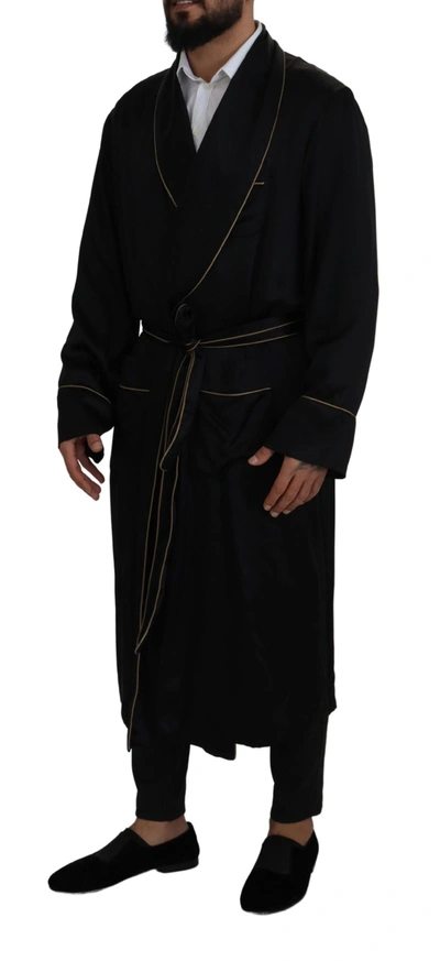 Shop Dolce & Gabbana Elegant Black Silk Long Robe Men's Coat