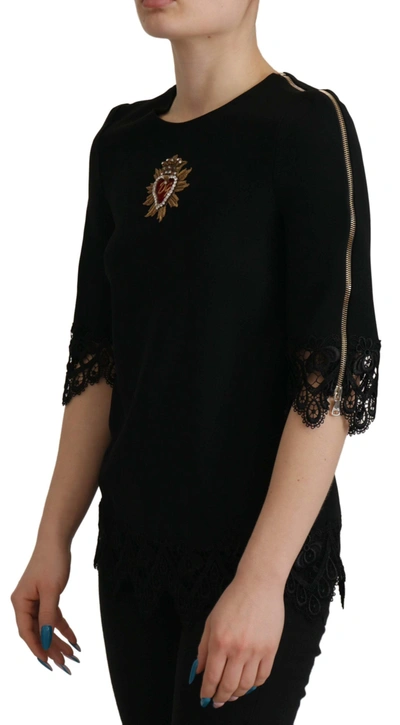 Shop Dolce & Gabbana Elegant Beaded Logo Zip Sleeve Women's Blouse In Black