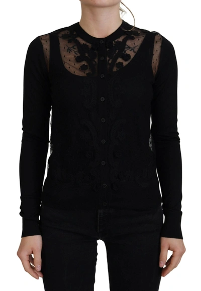 Shop Dolce & Gabbana Elegant Black Floral Lace Cardigan Women's Sweater