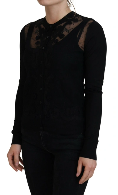 Shop Dolce & Gabbana Elegant Black Floral Lace Cardigan Women's Sweater