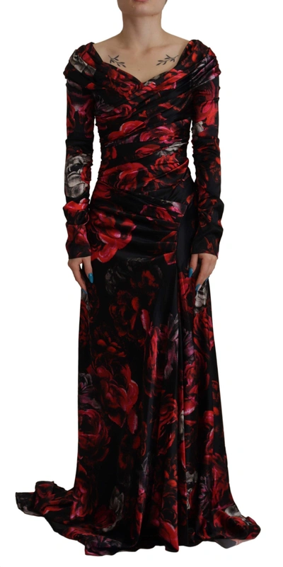 Dolce & Gabbana Black Floral Roses A-line Sheath Gown Dress In Black