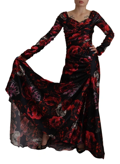 Dolce & Gabbana Black Floral Roses A-line Sheath Gown Dress In Black