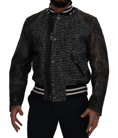 Shop Dolce & Gabbana Multicolor Houndstooth Leather Bomber Men's Jacket In Black