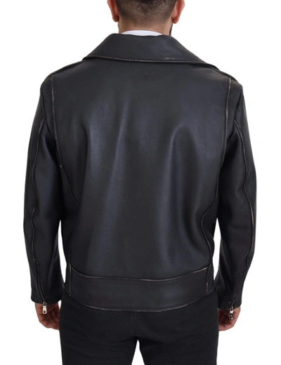 Dolce & Gabbana Black Leather Biker Coat Zipper Jacket In Black