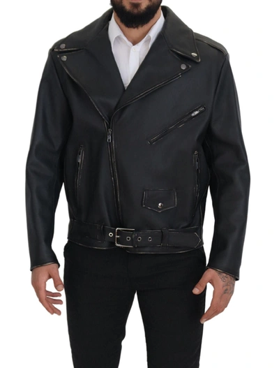 Shop Dolce & Gabbana Elegant Black Leather Biker Men's Jacket