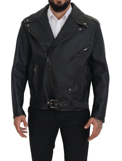 Dolce & Gabbana Black Leather Biker Coat Zipper Jacket In Black