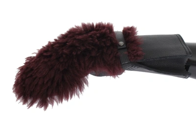 Dolce & Gabbana Black Leather Bordeaux Shearling Gloves In Bordeaux