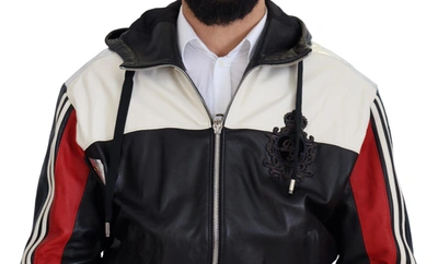 Shop Dolce & Gabbana Elite Black Leather Hooded Bomber Men's Jacket