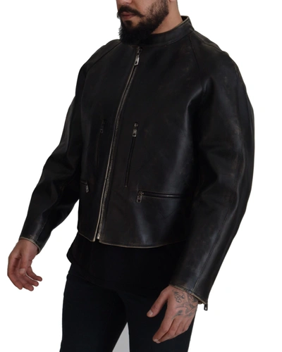Shop Dolce & Gabbana Elegant Black Leather Jacket With Silver Men's Details