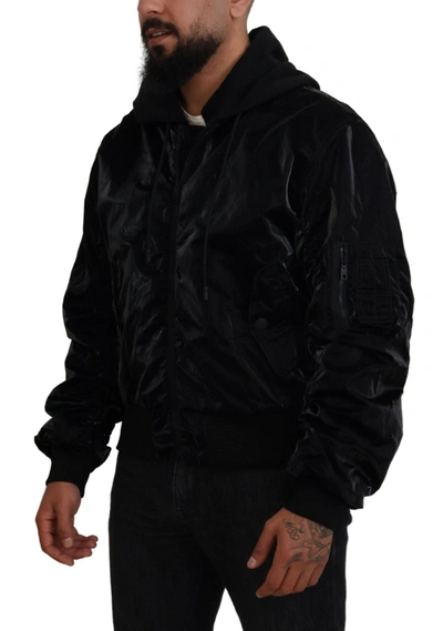 Shop Dolce & Gabbana Elegant Black Bomber Hooded Men's Jacket