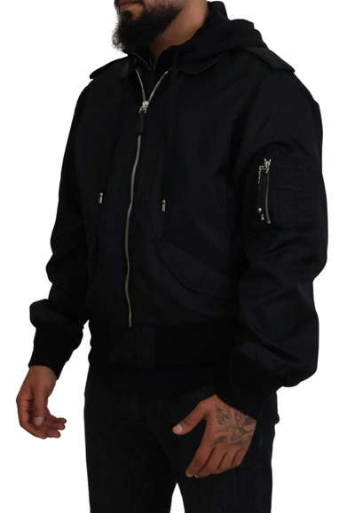 Shop Dolce & Gabbana Sleek Black Hooded Bomber Men's Jacket