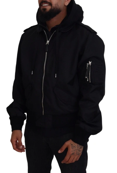 Shop Dolce & Gabbana Sleek Black Hooded Bomber Men's Jacket