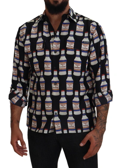 Dolce & Gabbana Black Silk Printed Collared Men Casual Shirt In Black