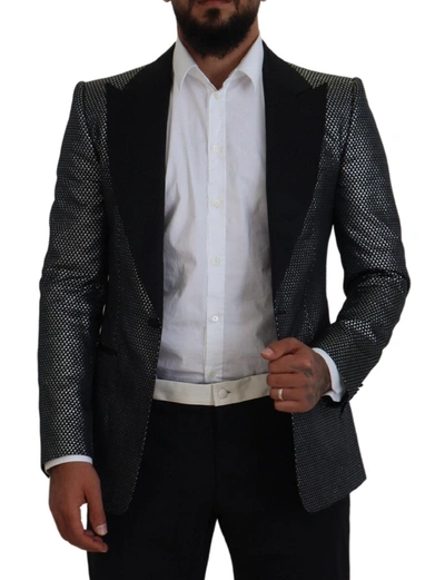 Dolce & Gabbana Black Silver Jacquard Slim Fit Jacket Blazer In Black