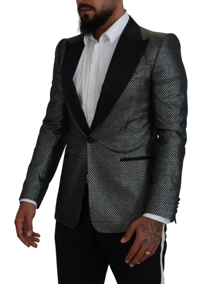 Dolce & Gabbana Black Silver Jacquard Slim Fit Jacket Blazer In Black