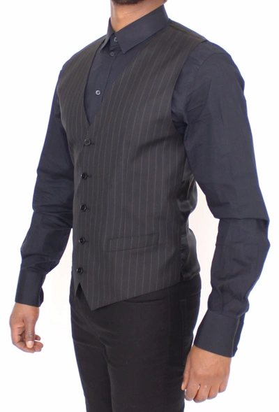 Shop Dolce & Gabbana Chic Black Striped Wool Silk Dress Men's Vest
