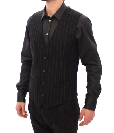 Dolce & Gabbana Black Striped Wool Logo Vest Gilet Weste In Black