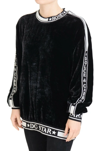 Dolce & Gabbana Black Velvet Crewneck Pullover Sweater In Black