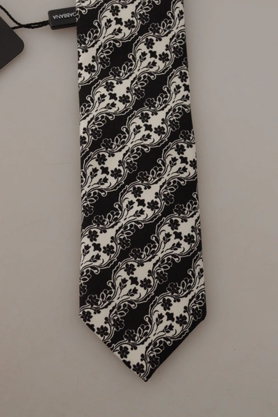 Dolce & Gabbana Black White Flower 100% Silk Print Adjustable Accessory Tie In Black